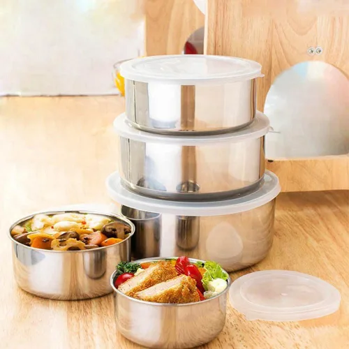 Vista 2 de 5 recipientes de alimentos de acero inoxidable con tapas herméticas, juego de cuencos de almacenamiento para mezclar, recipientes de almacenamiento