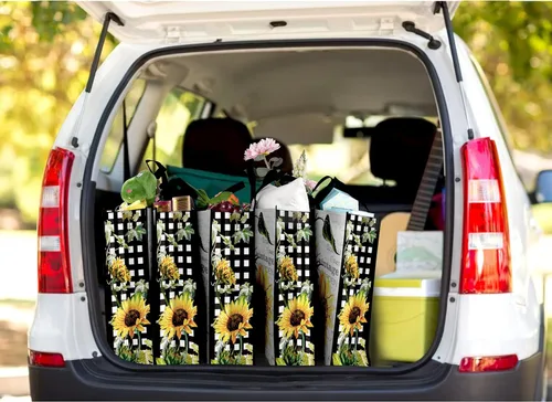 Vista 7 de NymphFable Paquete de 5 bolsas de compras reutilizables con flores de sol, lavables, bolsas de tela