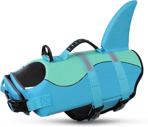 Vista 30 de Queenmore - Chaleco salvavidas para perros pequeños, medianos, grandes, estilo pescado, chaleco flotante con mango de goma suave ajustable, M