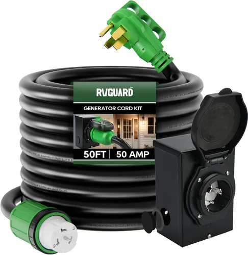 Vista 8 de Kit de emergencia de alimentación combo RVGUARD, cable de generador de 50 amperios de 15 pies y caja de entrada de corriente, cable de generador