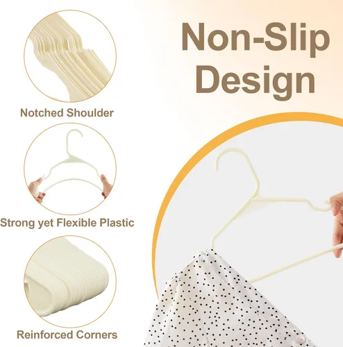 Vista 2 de VECELO Juego de 25 perchas de plástico con muescas antideslizantes para el armario, ahorro de espacio, perchas resistentes, color beige