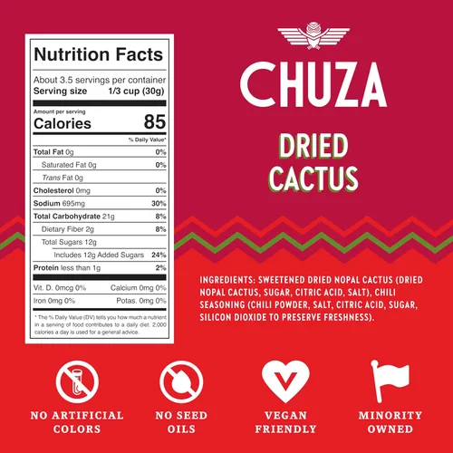 Vista 2 de CHUZA Bocadillos de Nopal secos picantes (3.5 onzas, paquete de 2) – Cactus seco de chile dulce estilo caramelo mexicano, con condimento, chile