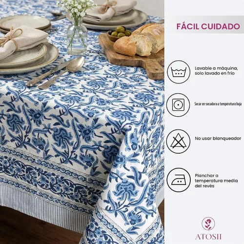 Vista 8 de ATOSII Mantel 100% algodón, Amara, floral, hecho a mano, rectangular, de lino, para cocina, comedor, fiestas, bodas, exteriores, picnics, Pascua