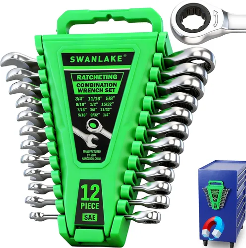 Vista 16 de SWANLAKE Juego de 32 llaves combinadas, SAE y métricas, 1/4"-1" y 7mm-22mm, 12 puntas, de acero cromo vanadio