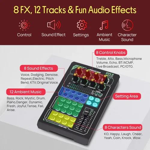 Vista 5 de Pyle - Tarjeta de sonido portátil Bluetooth para transmisión en vivo, interfaz de audio profesional DJ con mezcladora y micrófono condensador