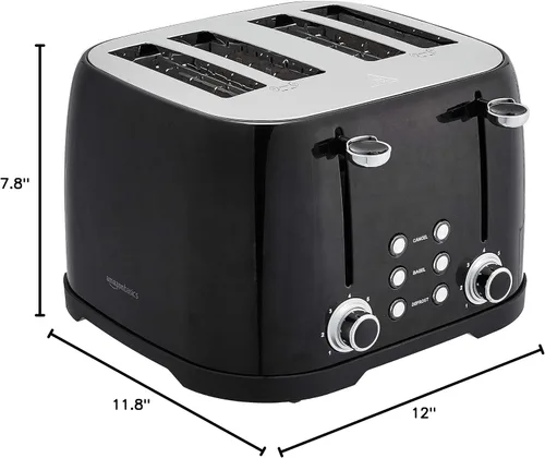 Vista 6 de Amazon Basics Tostadora de 4 rebanadas, 6 ajustes de tostado, bandeja extraíble para migas, función de bagel y descongelación, botón de cancelación