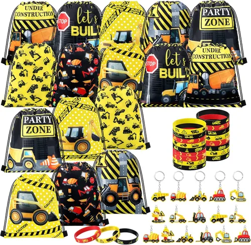 Hungdao 48 piezas de recuerdos de fiesta de construcción, 16 bolsas con cordón, 16 pulseras, 16 llaveros de construcción para fiesta de cumpleaños