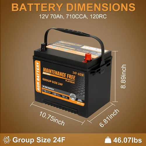 Vista 2 de Autocessking Batería automotriz AGM de arranque y parada de tamaño grupal 24F, batería recargable de coche 12V 70Ah, 710 CCA, 120 RC