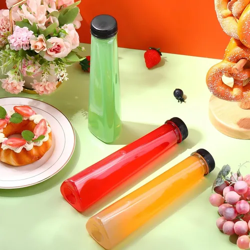 Vista 4 de Tanlade Paquete de 50 botellas de plástico para jugos de 12 onzas, botellas transparentes para bebidas con tapas a prueba de manipulaciones