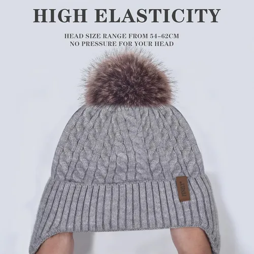 Vista 2 de Gorro de punto con pompón para mujer, gorro de invierno cálido con forro polar para mujer