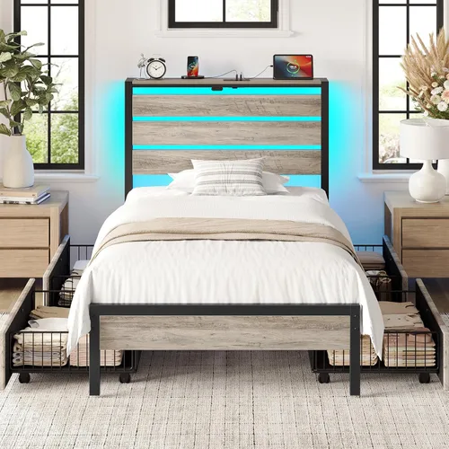 Vista 19 de Rolanstar Base de cama individual con 4 cajones, luces LED y estación de carga, plataforma de metal con cabecera de almacenamiento, sin ruido, fácil