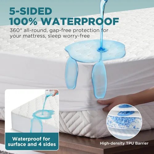 Vista 3 de Protector de colchón impermeable de 5 lados, tamaño matrimonial, acolchado de rayón de bambú, sábanas bajeras transpirables y refrescantes sin