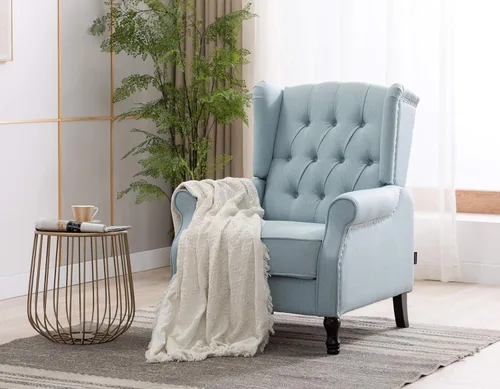 Vista 4 de Artechworks Silla decorativa moderna de tela alada, silla de club con brazos copetudos, sofá individual de lino con patas de madera, cómoda tapizada