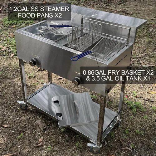 Vista 4 de LetFeng - Carrito de freidora de acero inoxidable para exteriores, resistente con freidora de propano de 30 libras y 3.5 galones con cesta, 2 cestas