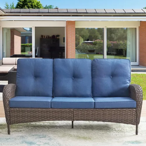 Vista 24 de HUMMUH Sofá de mimbre para patio al aire libre con otomanas, 3 piezas Marrón/Azul