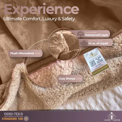 Vista 6 de Sacred Weapon - Manta impermeable para cama – Mini manta Sherpa y forro polar – Manta impermeable para sofá y protector de colchón, absorbente, Beige