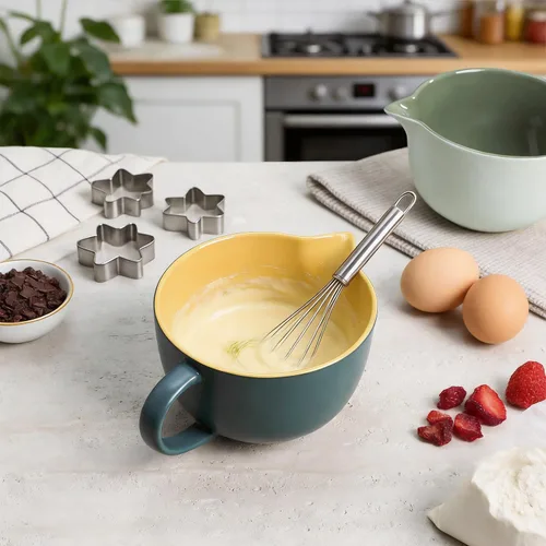 Vista 4 de Gaolinci Tazón de mezcla de cerámica simple de color sólido para cocina, tazón grande de 1 cuarto de galón, con pico vertedor y mango