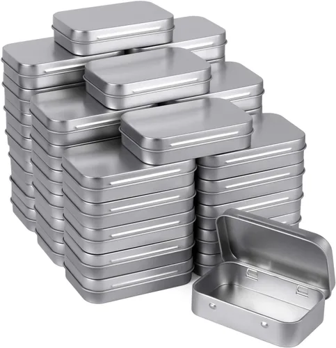 Metal Rectangular Empty Hinged Tins - Pack of 40 Silver Mini Portable Box Small Storage Kit & Home Organizer with lids craft containers