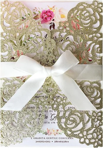 Vista 9 de 50 tarjetas de invitación de boda doradas de 5.12 x 7.28 pulgadas con lazo burdeos cortado con láser, invitación para despedida de soltera