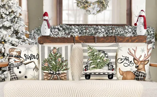 Vista 2 de 4TH Emotion Juego de 4 fundas de almohada navideñas de 18 x 18 pulgadas, decoración navideña de granja, muñeco de nieve, reno, eucalipto, camión