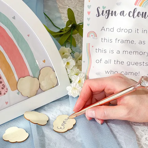 Vista 3 de Kate Aspen Boho Baby Shower Guest Book Alternative Rainbow Frame with 30 Wooden Clouds, Frame for Sonogram Picture, Rainbow Baby Shower Decorations