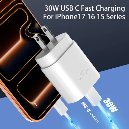 Vista 2 de Cargador de teléfono 17 16 15 de carga rápida, bloque de carga USB C de 30W para iPhone 17/17 Air/17 Pro/17 Pro Max/16/16 Plus/16 Pro/16 Pro Azul