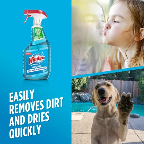 Vista 5 de Windex Spray limpiador de vidrio y ventanas, botella hecha de plástico 100% reciclado, espray de limpieza de superficies, aroma azul original, 23