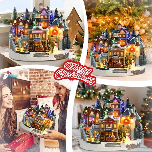 Vista 7 de VCUTEKA Aldea Navideña Animada, Estación de Tren Musical Iluminada, Escena de Aldea Navideña de Navidad con Tren Rotatorio, Muñeco de Nieve, Aldea