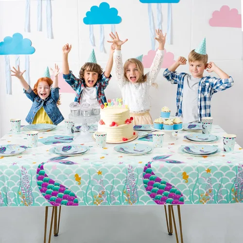 Vista 7 de WERNNSAI Mantel de mesa de sirena, 1 paquete de mantel de plástico impreso desechable de 108 x 54 pulgadas, suministros de fiesta para niños
