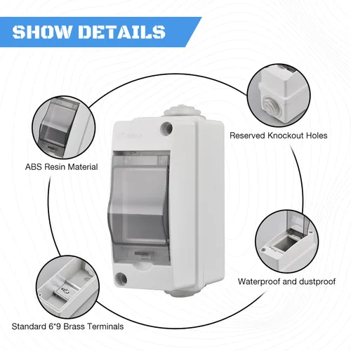 Vista 5 de Caja de protección de distribución de ABS IP65, caja de distribución de disyuntor impermeable de 2 vías, caja de distribución de 2 rieles DIN Caja
