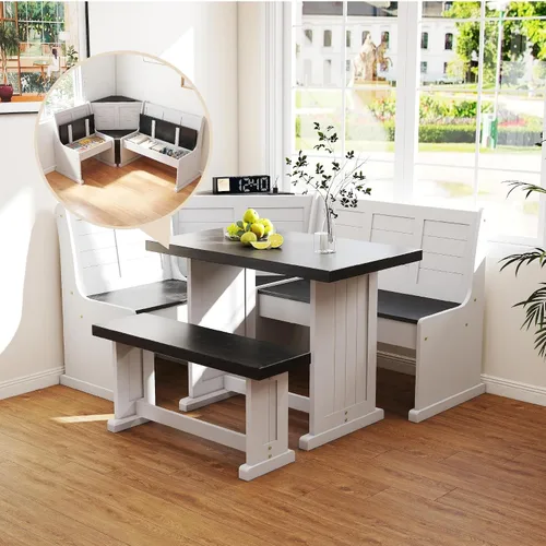 Rincón de Desayuno Mesa de Comedor de Esquina de Cocina Juego de Banco y Silla, con Puertos de Carga, Almacenamiento Oculto que Ahorra Espacio 3-5