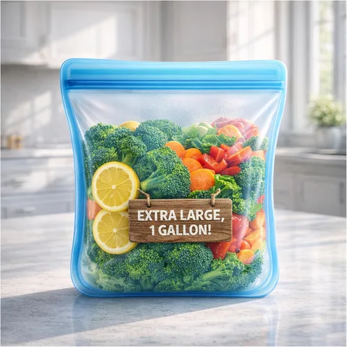 Vista 2 de Albino Monkey Bolsa de silicona reutilizable XXL de 135 onzas – Bolsas para congelador de 1 galón para almacenamiento de alimentos, preparación