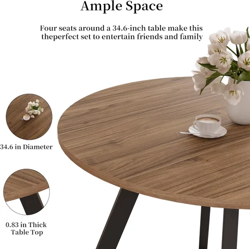Vista 3 de HIPIHOM Mesa de comedor redonda de nogal de 34.6 pulgadas para 4, comedor que ahorra espacio, perfecta para cocina, comedor, sala de estar