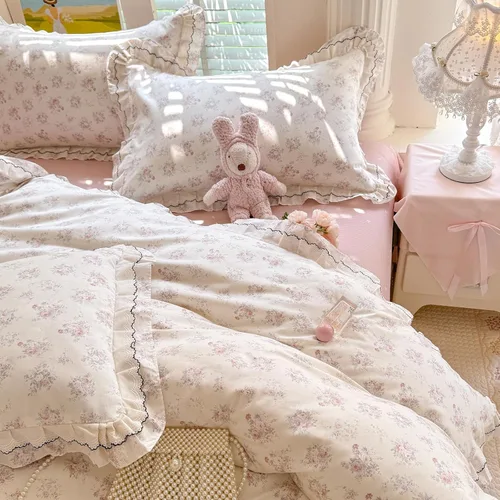 Vista 8 de Shabby Chic - Juego de funda de edredón floral, tamaño individual, 3 piezas, 100% algodón, estética, funda de edredón y 2 fundas de almohada, suave