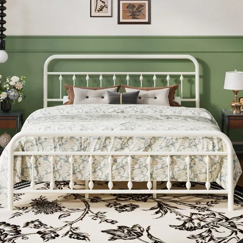Vista 14 de SHA CERLIN Base de cama de plataforma de metal tamaño Queen con cabecera y pie de cama de hierro forjado estilo victoriano, fácil montaje