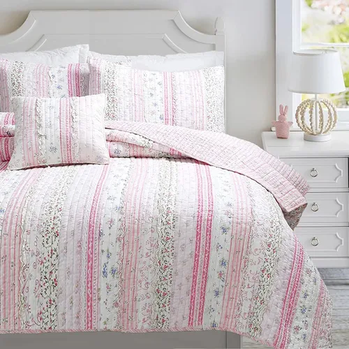 Vista 13 de Cozy Line Home Fashions Juego de ropa de cama acolchada reversible de niña con volantes elegantes rosa verde, 100% algodón, cubrecama, colcha