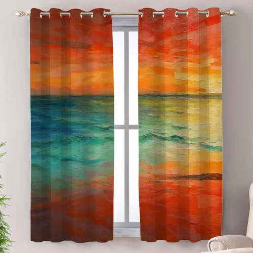 Vista 159 de Shrahala Beige and Orange Abstract Art Brushstrokes Tier Curtains for Kitchen Windows, Abstract Oil Paint Cafe Curtain Multilayer Polyester Blackout