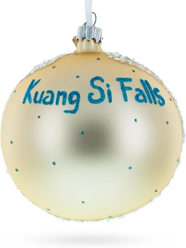 Vista 3 de Kuang Si Cascada, Laos Bola De Cristal Adorno De Navidad 4 Pulgadas Hand Painted in Ukraine, German Glass, Italian Paints, Hanging Ribbon, Gift