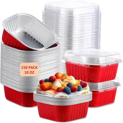Vista 11 de Aoriher 150 moldes cuadrados de 10 onzas para pasteles con tapas, tazas de brownie de aluminio para hornear, moldes desechables para cupcakes