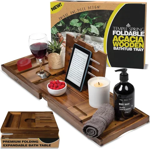 Vista 9 de Temple Spring Bandeja de bañera de madera, accesorios de baño de bambú, bandeja de baño para bañera, artículos esenciales de spa en casa, tabla