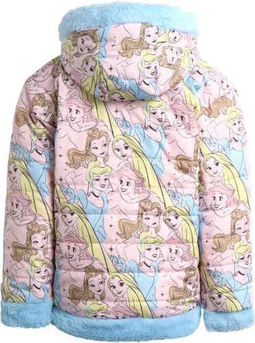 Vista 6 de Disney Chaqueta reversible de princesa para niña, abrigo acolchado con capucha y forro de piel sintética (2T-16)