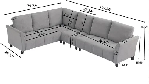 Vista 2 de Sofá modular convertible de 102 pulgadas en forma de L con cojines de respaldo, tela tapizada moderna de 6 asientos reversible, juego de sofá