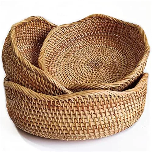 Vista 12 de YANGQIHOME Cestas de frutas redondas de ratán, cuencos de almacenamiento de mimbre, cuencos de cesta de servicio tejida natural, cestas decorativas