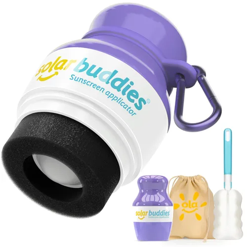 Vista 8 de Solar Buddies Paquete de viaje Grab & Go, clip de carabina y cepillo de limpieza, protector solar de esponja recargable, aplicador de crema solar