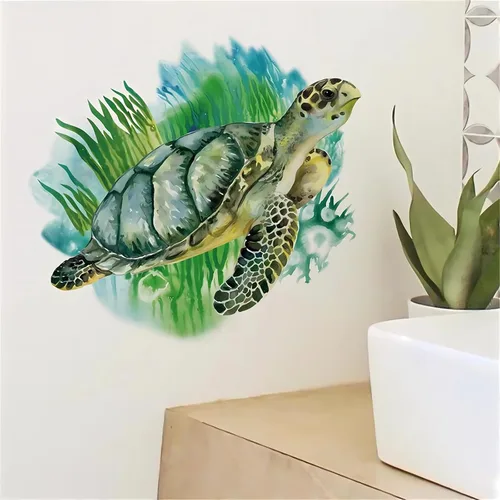 Vista 2 de Calcomanías de pared de tortuga marina verde, calcomanías de pared de algas marinas de animales marinos, vinilo extraíble para sala de estar
