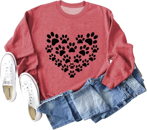 Vista 2 de Sunidol Sudaderas de manga larga con estampado de patas de perro para mujer, diseño de corazón, cuello redondo, camisetas casuales