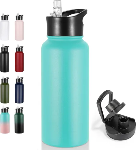 Vista 67 de Botella de agua aislada de 24 onzas con tapa con popote, botella de agua de metal de acero inoxidable con popote y tapa de boca ancha, botella