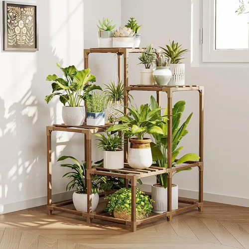 Vista 19 de Bamworld - Soporte para plantas de interior, estante de madera de exterior para múltiples plantas, soporte escalonado de 3 niveles para sala