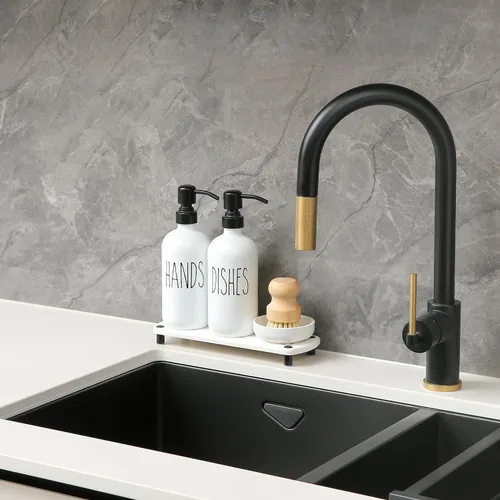 Vista 3 de Juego de dispensador de jabón blanco MOMEEMO viene con bombas de acero inoxidable, bandeja de secado instantáneo y cepillo de limpieza de platos