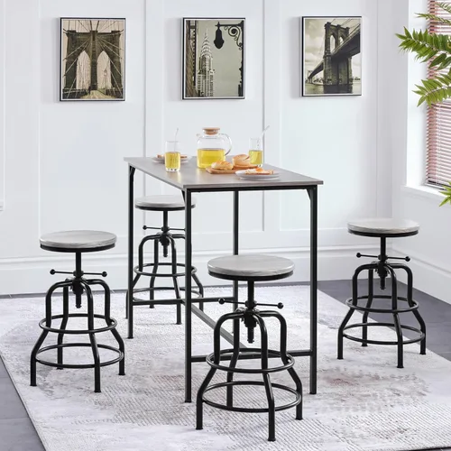 Vista 9 de Yaheetech Taburete de bar industrial vintage, taburete rústico de altura de mostrador, taburete de metal ajustable con asiento redondo de madera